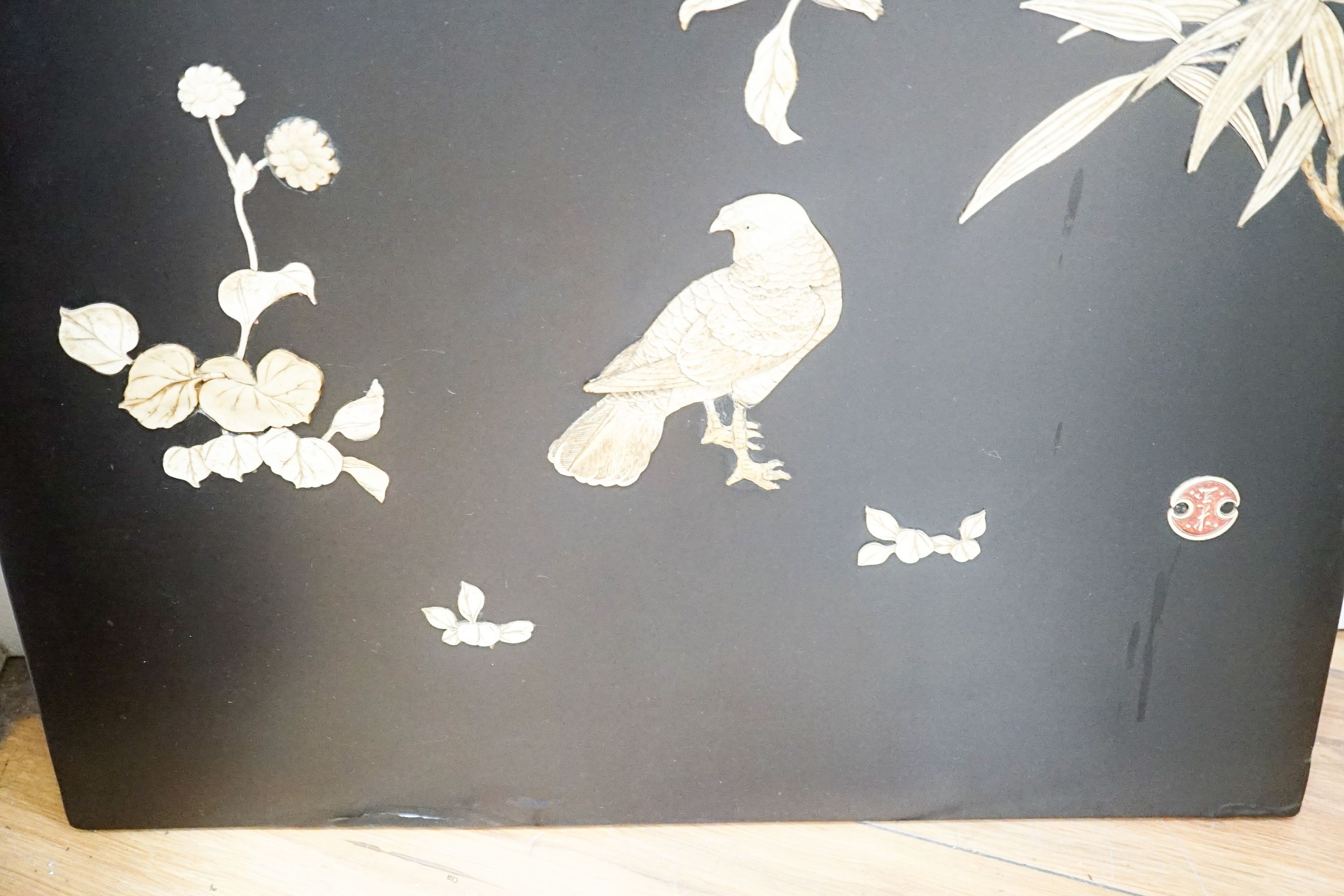 A pair of late 19th century Japanese bone and mother of pearl inlaid shibayama style panels of birds amid flowers, 91 x 51cm